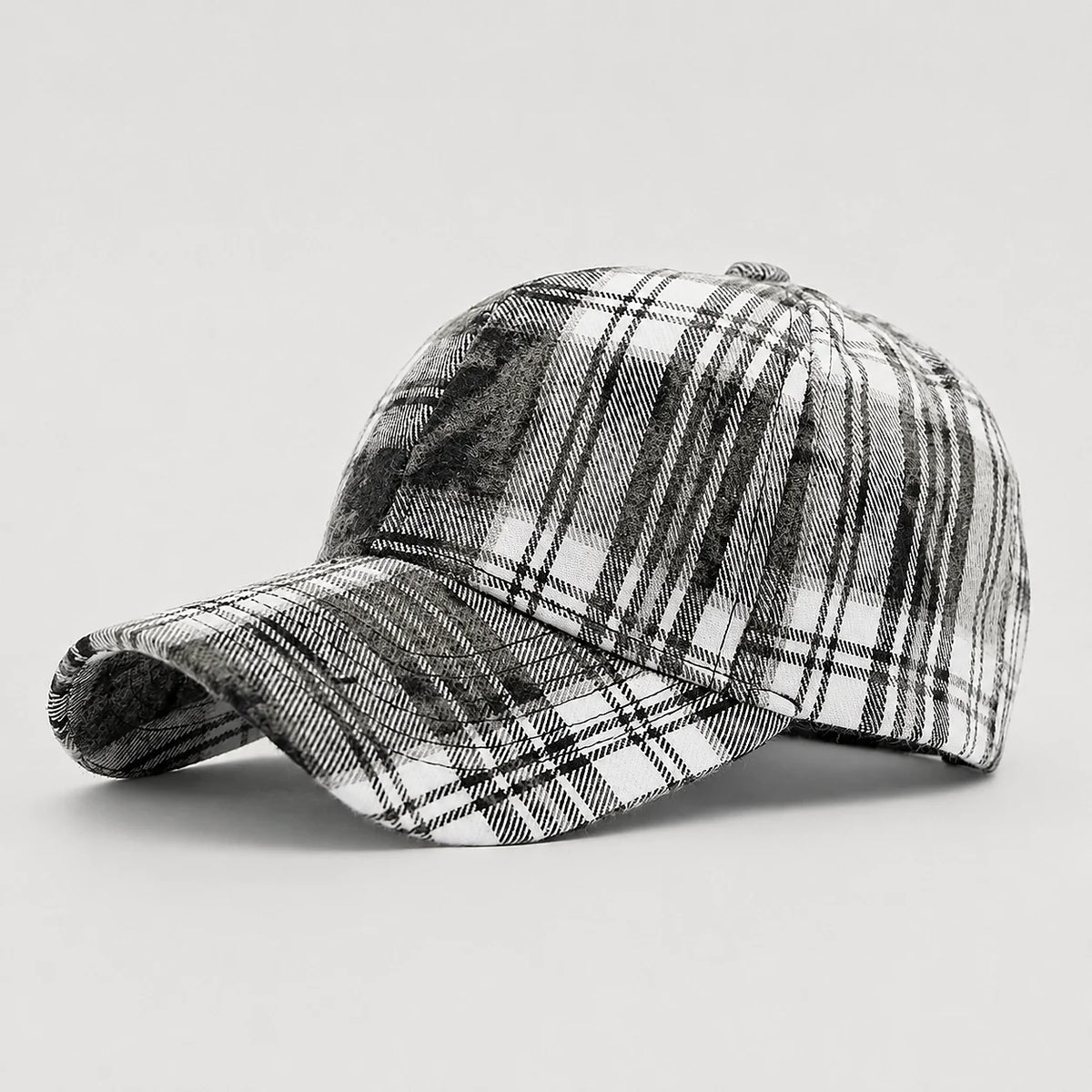 Retro Plaid Adjustable Baseball Cap in Black & White – product view | Hensley London