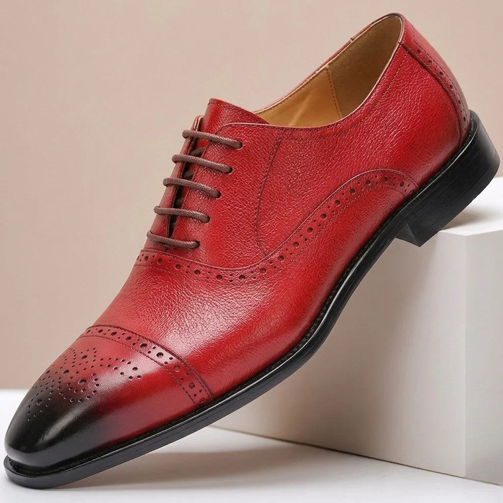 Men's Leather Brogue Lace-Up Dress Shoes in Red – Product view | Hensley London