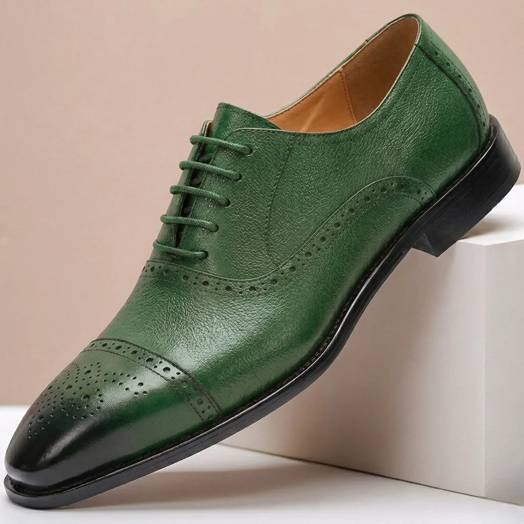 Men's Leather Brogue Lace-Up Dress Shoes in Green – Product view | Hensley London