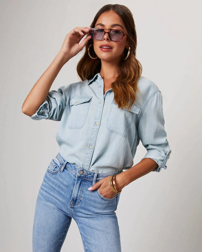Women's Cotton Denim Button-Up Pocket Shirt in Light Blue – additional product view | Hensley London