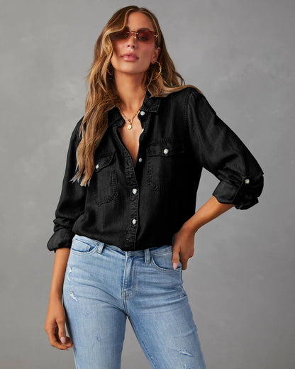 Women's Cotton Denim Button-Up Pocket Shirt in Black – additional product view | Hensley London