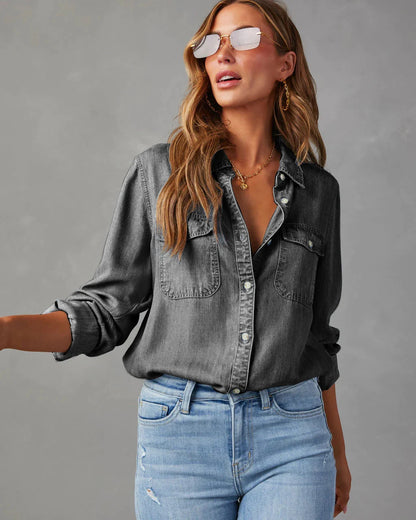 Women's Cotton Denim Button-Up Pocket Shirt in Dark Gray – additional product view | Hensley London