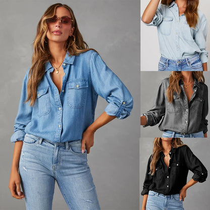 Women's Cotton Denim Button-Up Pocket Shirt – additional product view | Hensley London