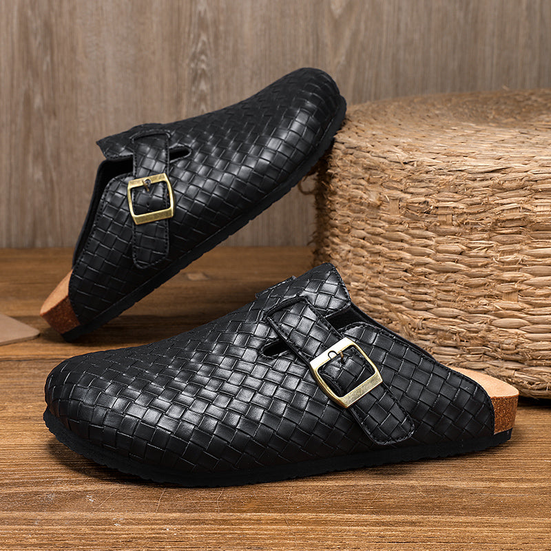Men's Woven Leather Slide Sandals in Black - main view | Hensley London