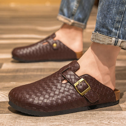 Men's Woven Leather Slide Sandals in Brown - side view | Hensley London