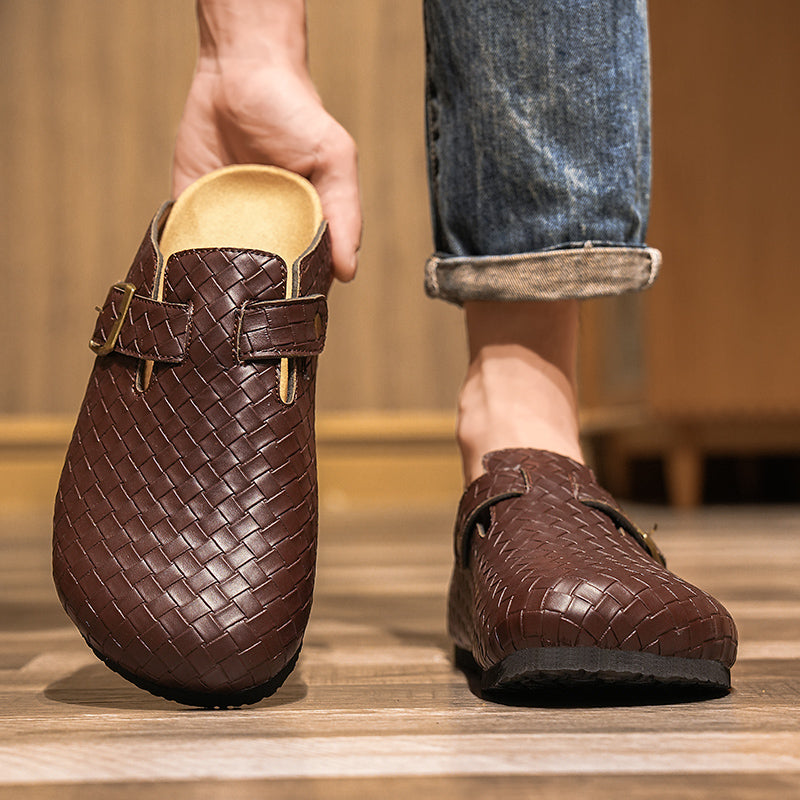 Men's Woven Leather Slide Sandals - woven detail | Hensley London