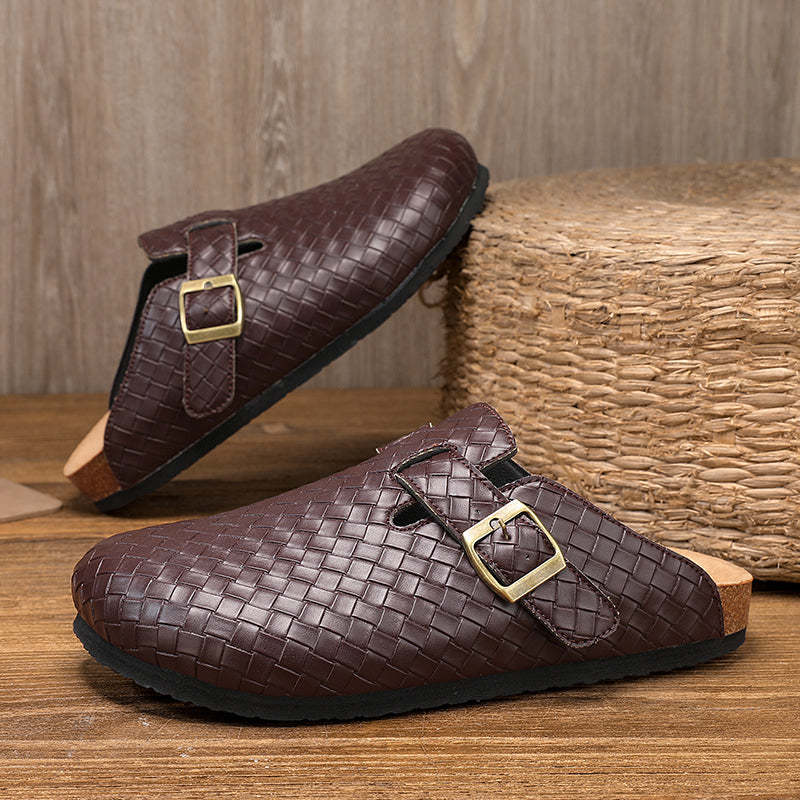 Men's Woven Leather Slide Sandals - cork footbed detail | Hensley London