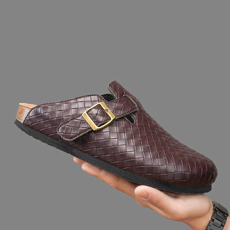 Men's Woven Leather Slide Sandals – Cork Insole