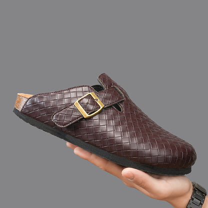 Men's Woven Leather Slide Sandals – Cork Insole