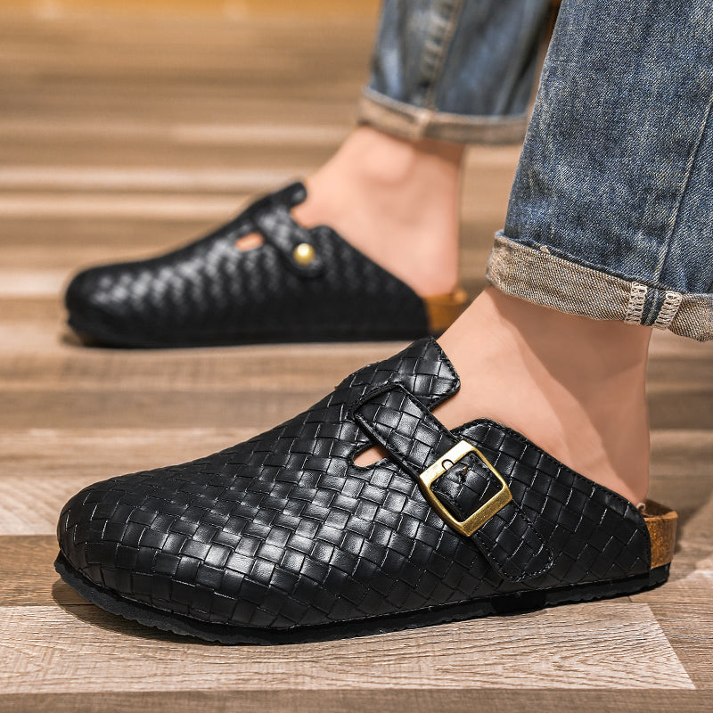 Men's Woven Leather Slide Sandals – Cork Insole