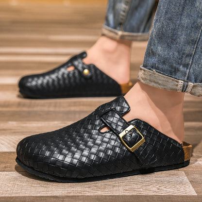 Men's Woven Leather Slide Sandals – Cork Insole