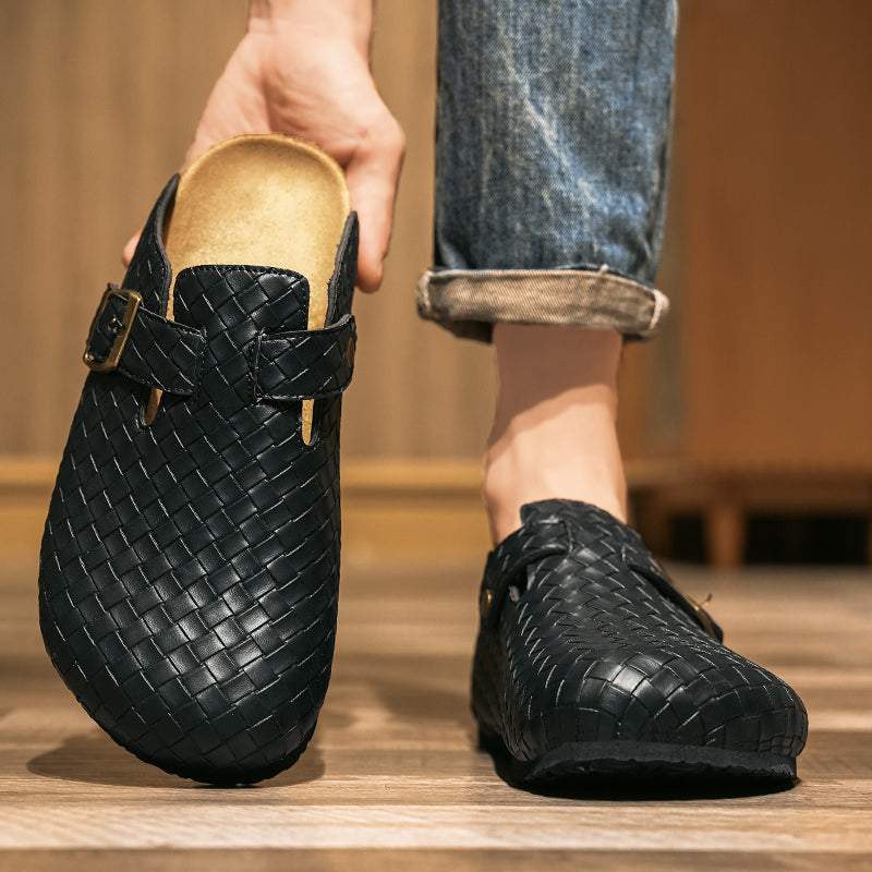 Men's Woven Leather Slide Sandals – Cork Insole