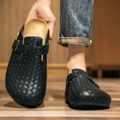 Men's Woven Leather Slide Sandals – Cork Insole