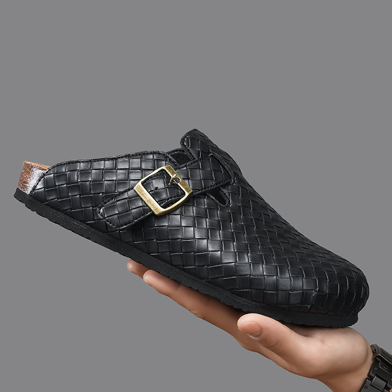 Men's Woven Leather Slide Sandals – Cork Insole