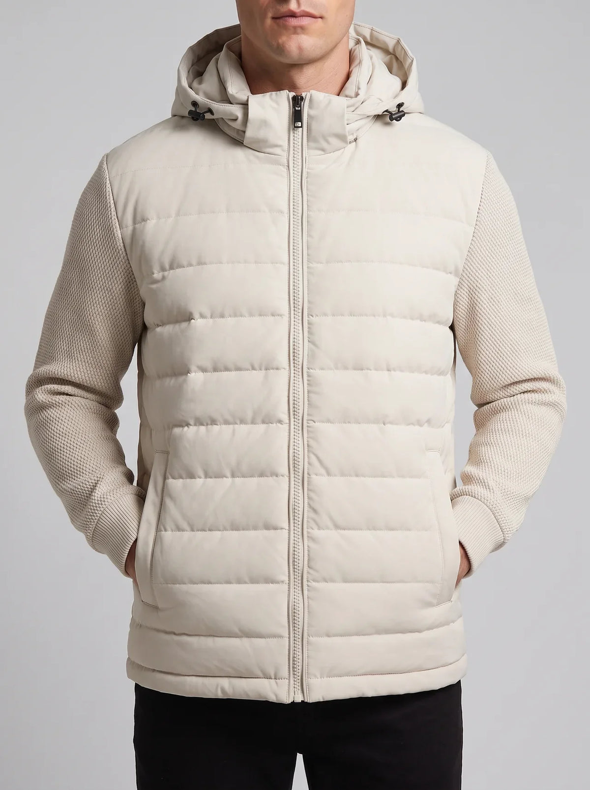 Men's Quilted Knit-Sleeve Hooded Jacket – product view | Hensley London