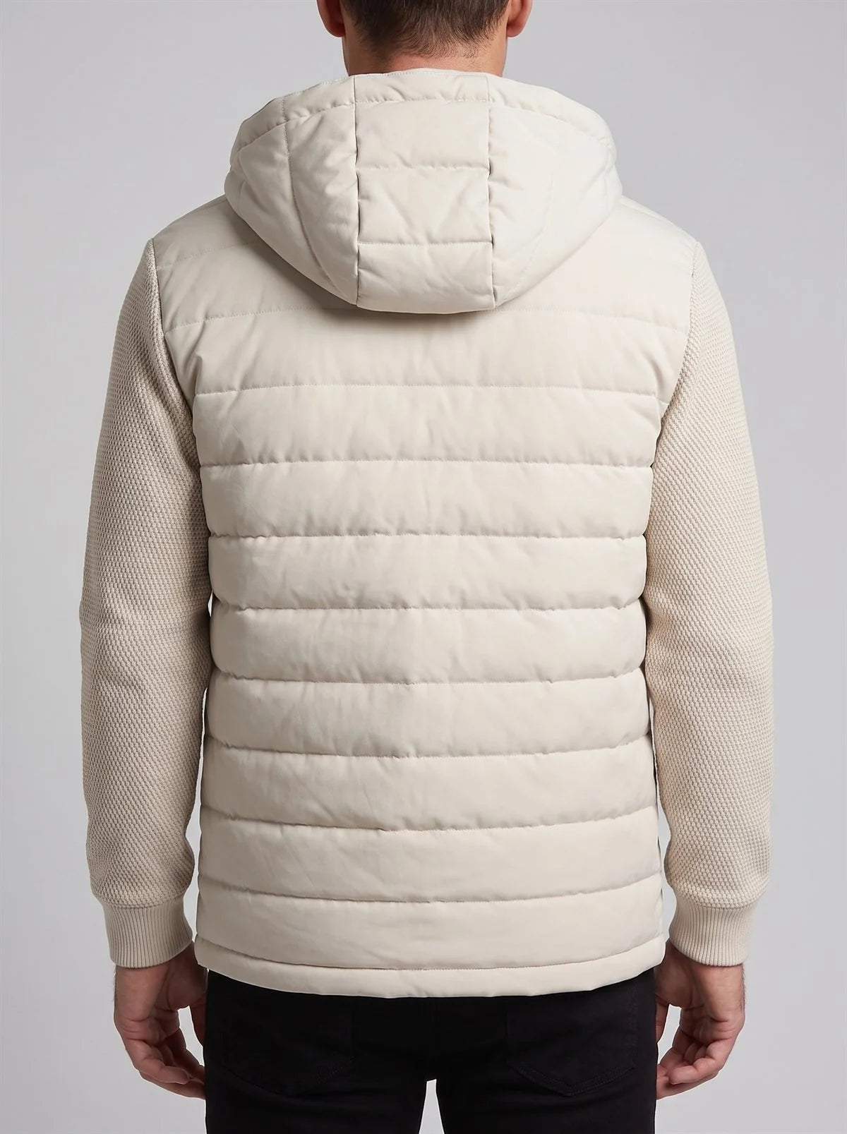 Men's Quilted Knit-Sleeve Hooded Jacket – product view | Hensley London