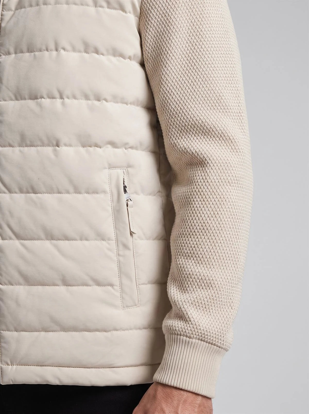 Men's Quilted Knit-Sleeve Hooded Jacket – product view | Hensley London