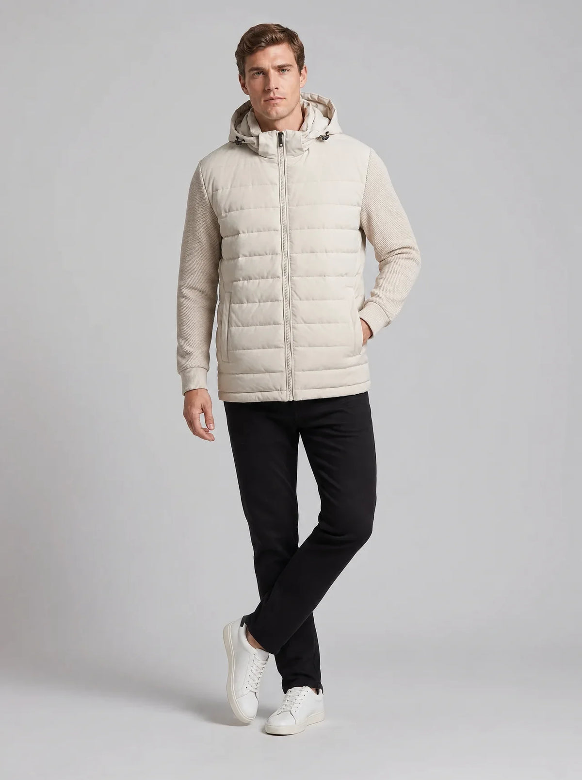 Men's Quilted Knit-Sleeve Hooded Jacket – product view | Hensley London