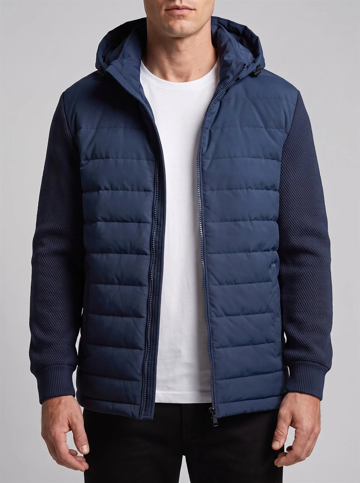 Men's Hooded Quilted Jacket with Knit Sleeves in Navy Blue – product view 1 | Hensley London