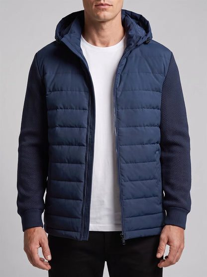 Men's Hooded Quilted Jacket with Knit Sleeves in Navy Blue – product view 1 | Hensley London