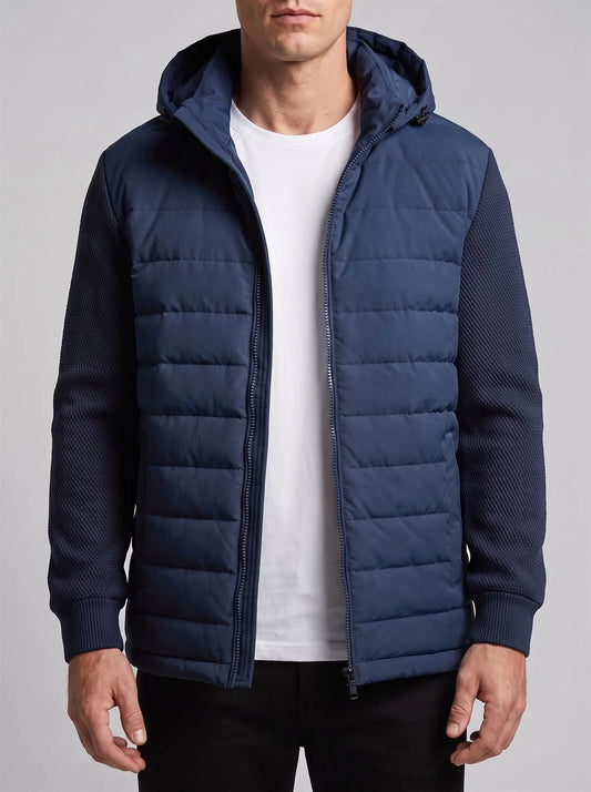 Men's Hooded Quilted Jacket with Knit Sleeves in Navy Blue – product view 1 | Hensley London