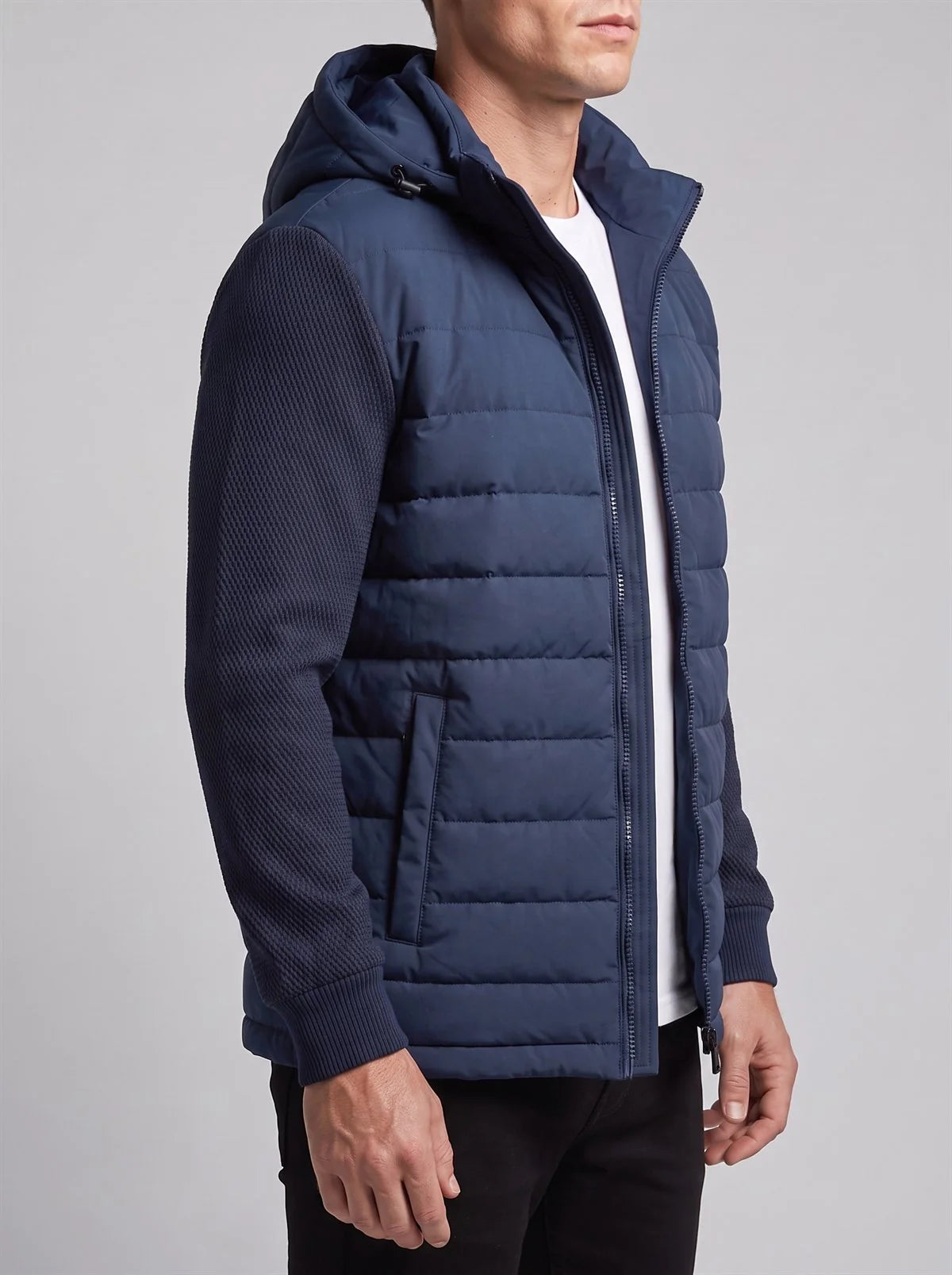 Men's Hooded Quilted Jacket with Knit Sleeves in Navy Blue – product view 2 | Hensley London