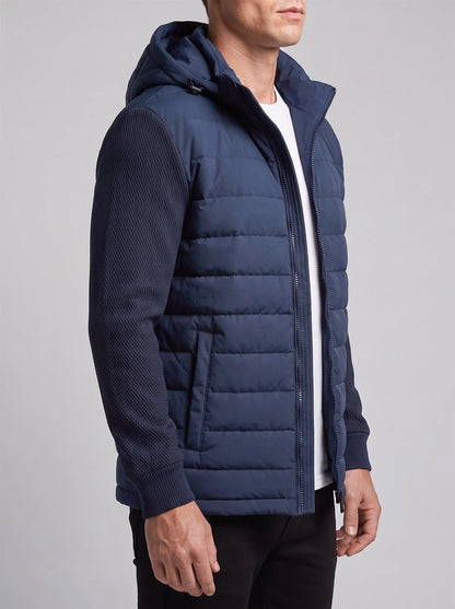 Men's Hooded Quilted Jacket with Knit Sleeves in Navy Blue – product view 2 | Hensley London