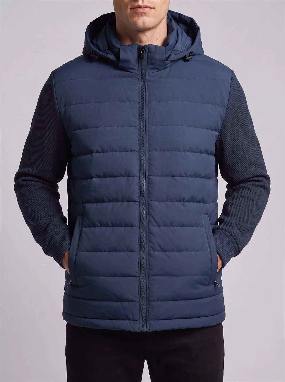 Men's Hooded Quilted Jacket with Knit Sleeves in Navy Blue – product view 3 | Hensley London