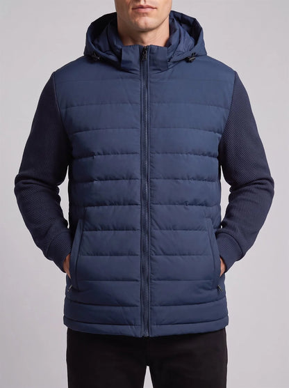 Men's Hooded Quilted Jacket with Knit Sleeves in Navy Blue – product view 3 | Hensley London