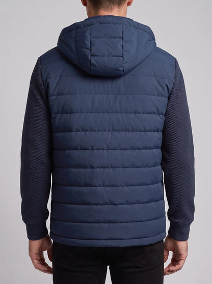 Men's Hooded Quilted Jacket with Knit Sleeves in Navy Blue – product view 4 | Hensley London