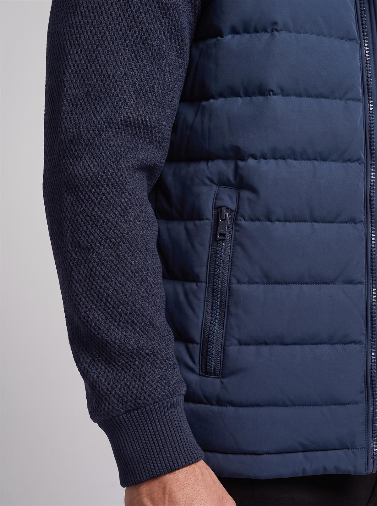 Men's Hooded Quilted Jacket with Knit Sleeves in Navy Blue – product view 5 | Hensley London