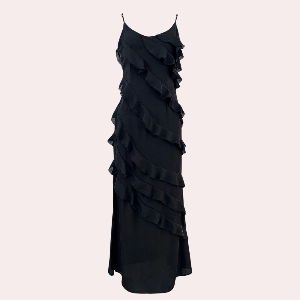 Women's Evening Gown Black Ruffled Polyester Formal Dress-1