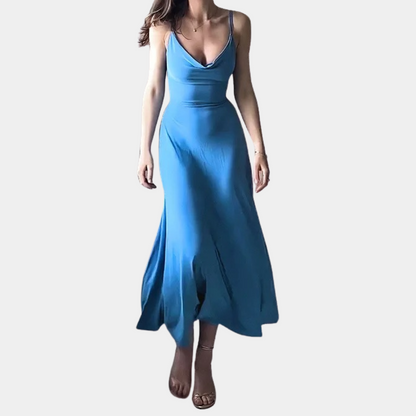 Women's Evening Gown Yellow Rayon Blend Cowl Neck Floor-Length Formal Dress-3