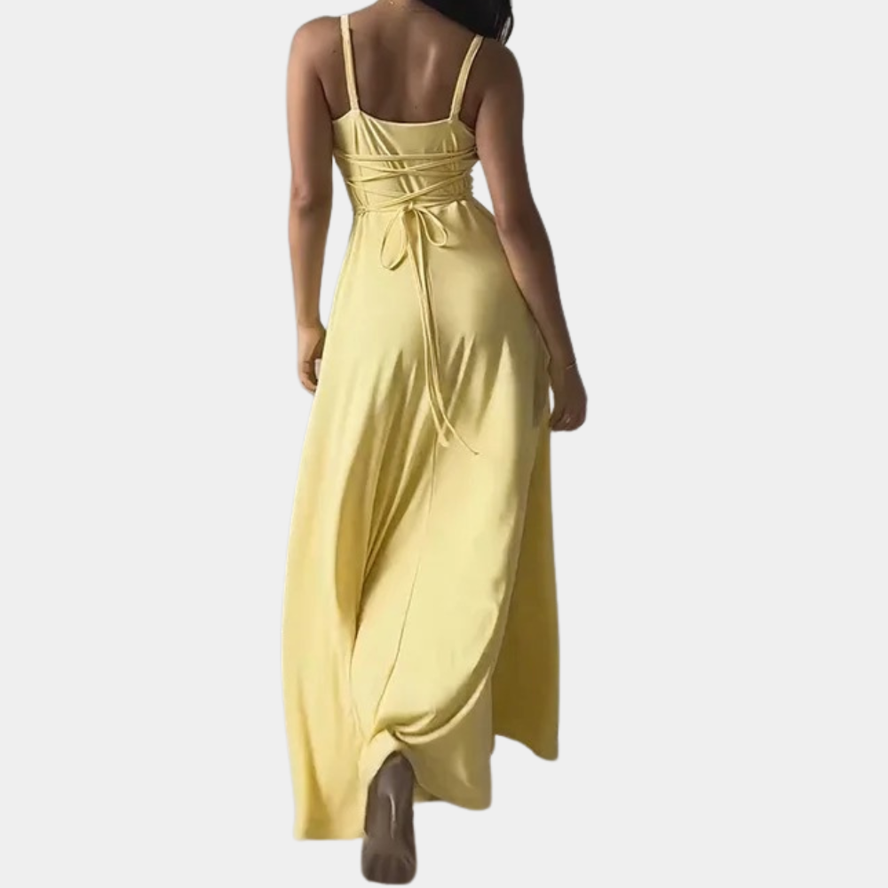 Women's Evening Gown Yellow Rayon Blend Cowl Neck Floor-Length Formal Dress-4