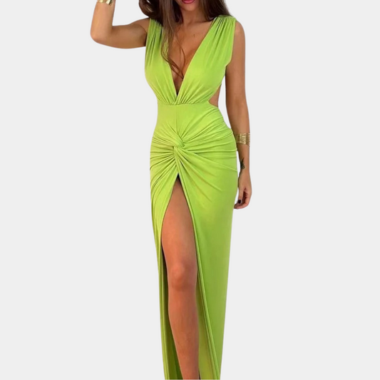 Women's Evening Gown White Rayon Blend Deep V-Neck Formal Dress-1
