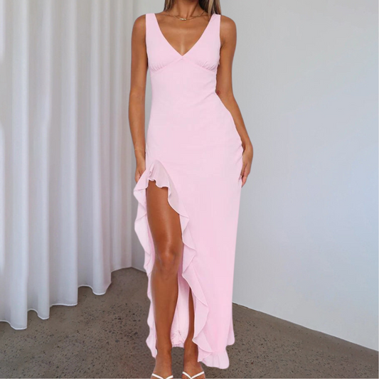 Women's Formal Dress Pink Size M Rayon Blend Deep V-Neck High-Low Hem-2
