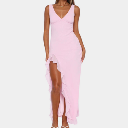 Women's Formal Dress Pink Size M Rayon Blend Deep V-Neck High-Low Hem-4