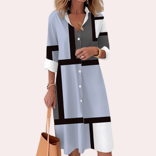 Women's Shirt Dress Blue Geometric Cotton Blend-2