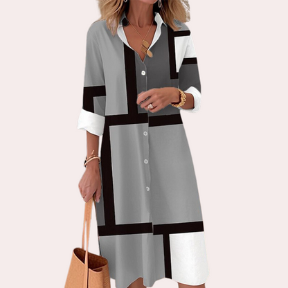 Women's Shirt Dress Blue Geometric Cotton Blend-3