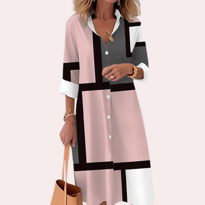 Women's Shirt Dress Blue Geometric Cotton Blend-4