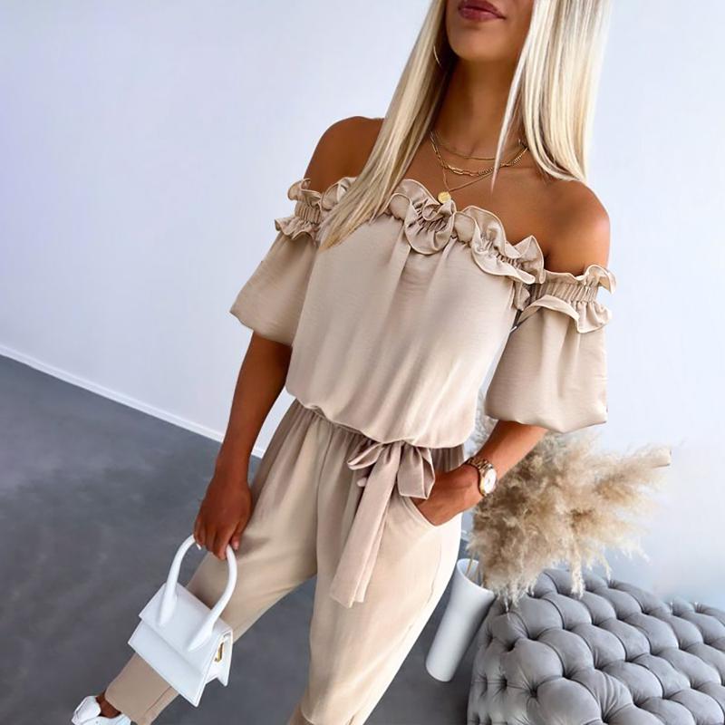 Women's Off-Shoulder Frill Tie-Waist Jumpsuit in Apricot – front view | Hensley London