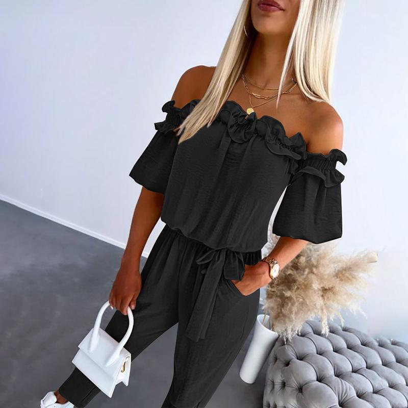 Women's Off-Shoulder Frill Tie-Waist Jumpsuit in Black – front view | Hensley London