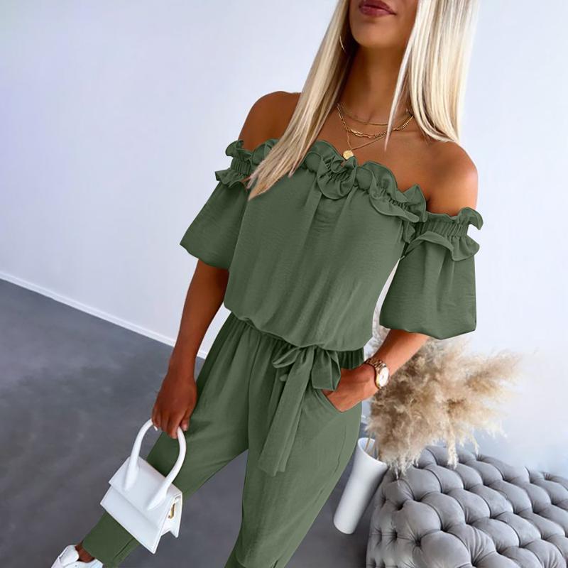Women's Off-Shoulder Frill Tie-Waist Jumpsuit in Army Green – front view | Hensley London