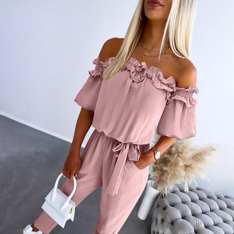 Women's Off-Shoulder Frill Tie-Waist Jumpsuit in Pink – front view | Hensley London