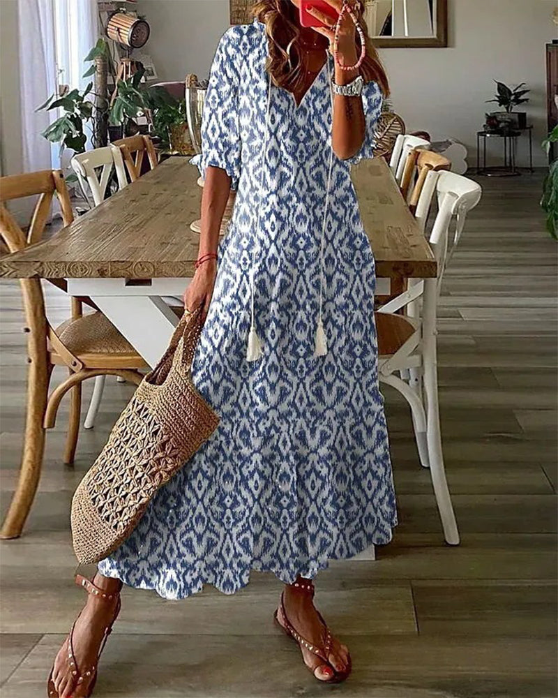 Women's Boho Tummy-Control Midi Dress in Blue – front view | Hensley London