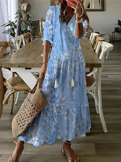 Women's Boho Tummy-Control Midi Dress in Light Blue – front view | Hensley London