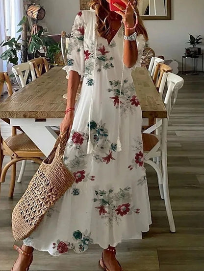 Women's Boho Tummy-Control Midi Dress in White – front view | Hensley London