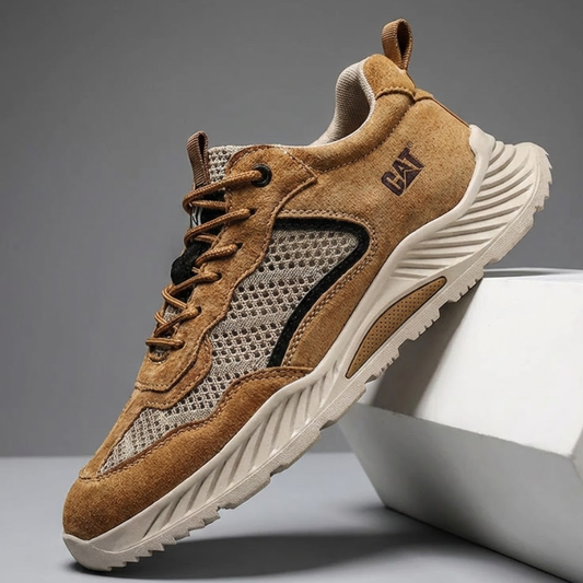 Men's Rugged Leather Trail Sneakers in Khaki – product view | Hensley London