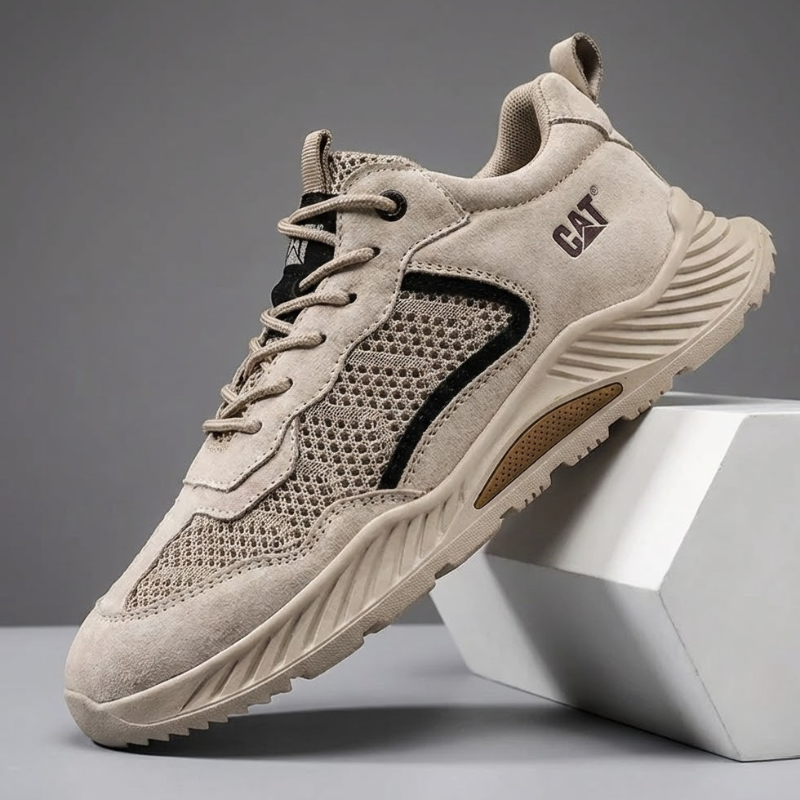 Men's Rugged Leather Trail Sneakers in Sand – product view | Hensley London