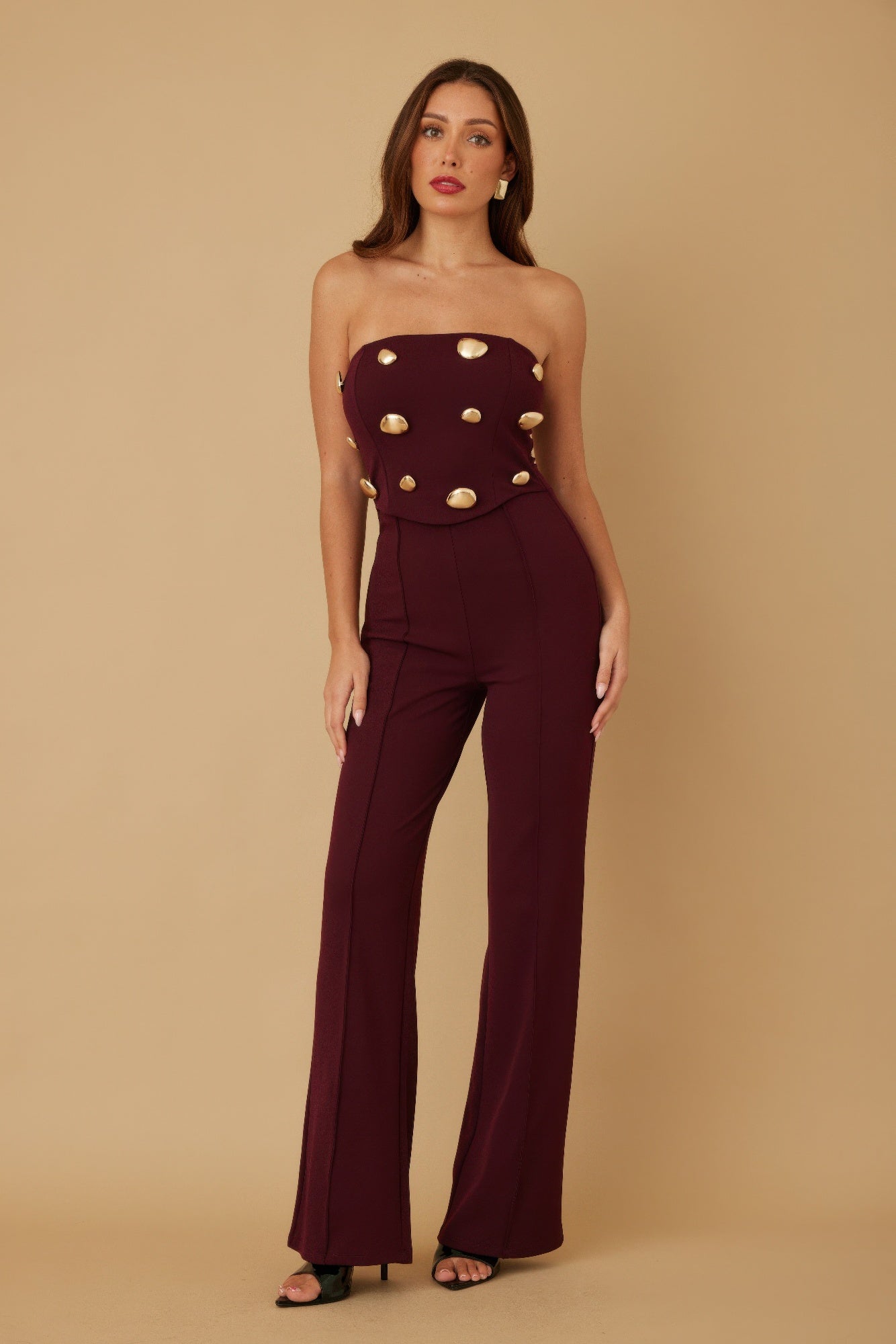Mira Women's Jumpsuit | Strapless with Golden Stone Embellishments